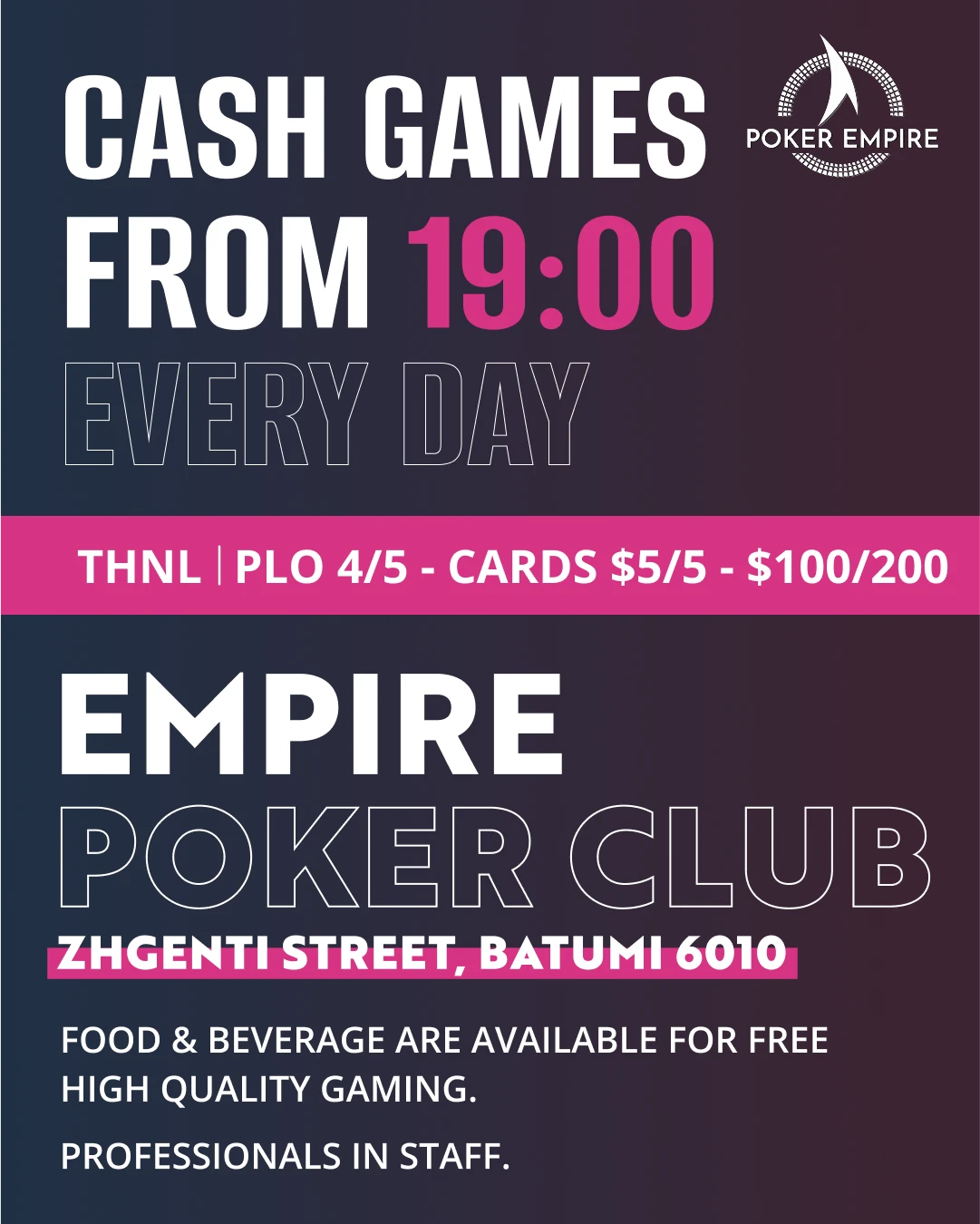 Empire Poker Club | Batumi, Every night NLTH/PLO(4/5 cards) | $5/5 - $100/200